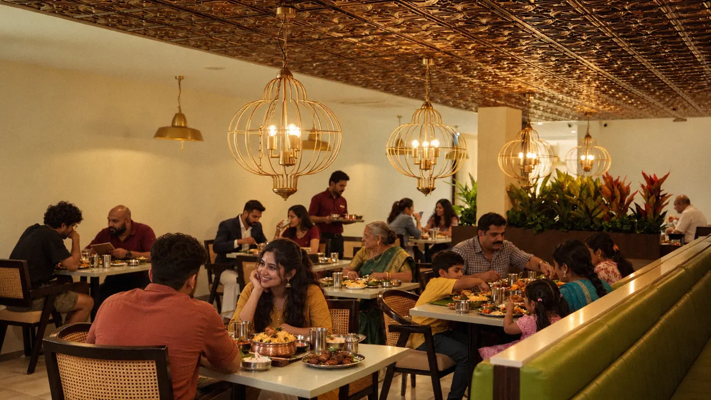 Families dining under brass pendant lights at a Telugu Vilas restaurant